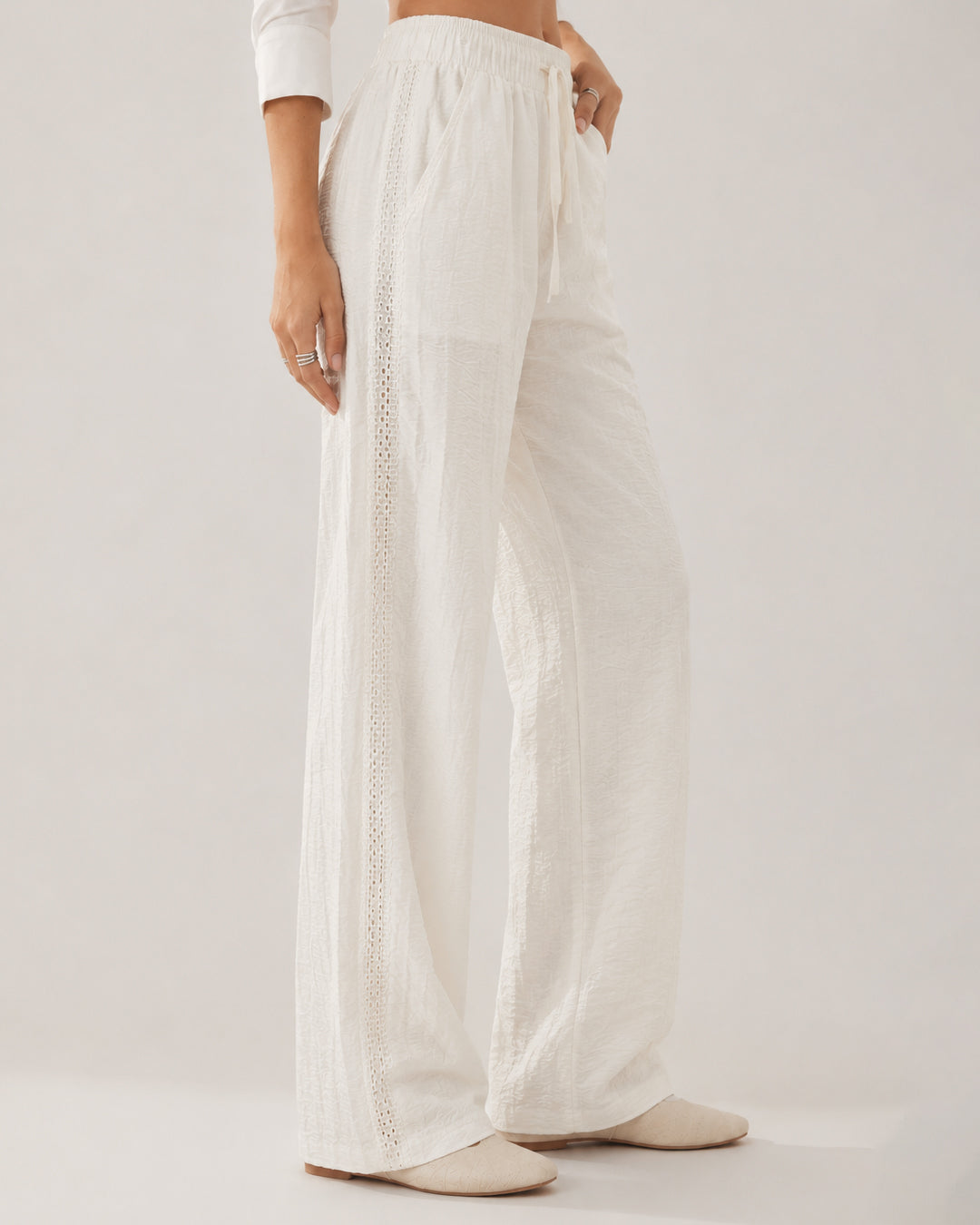 Relaxed Fit Lace Detail Wide Leg Pants in Jet White