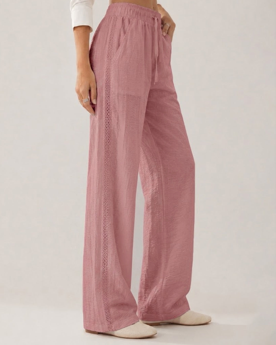 Relaxed Fit Lace Detail Wide Leg Pants in Dusty Pink