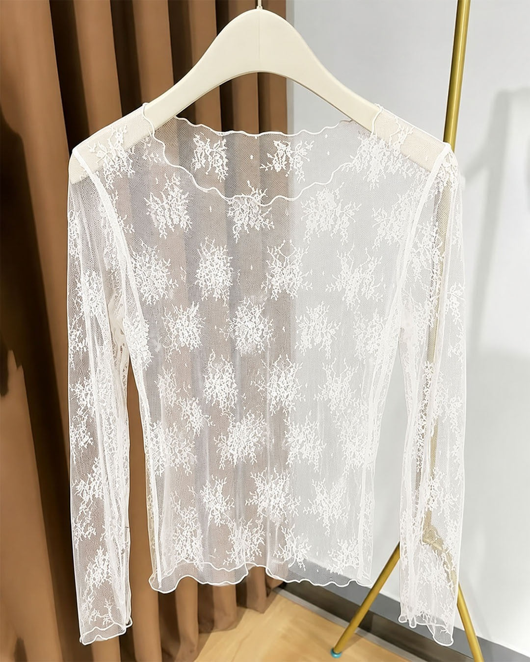 Sheer Round Neck Long Sleeve Top in Classic White