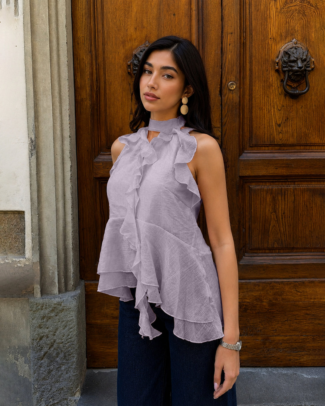 Ruffle High Neck Asymmetrical Top in Lilac