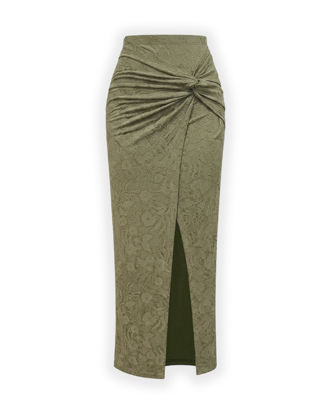 Ruched Side Slit Jacquard Midi Skirt in Olive Green
