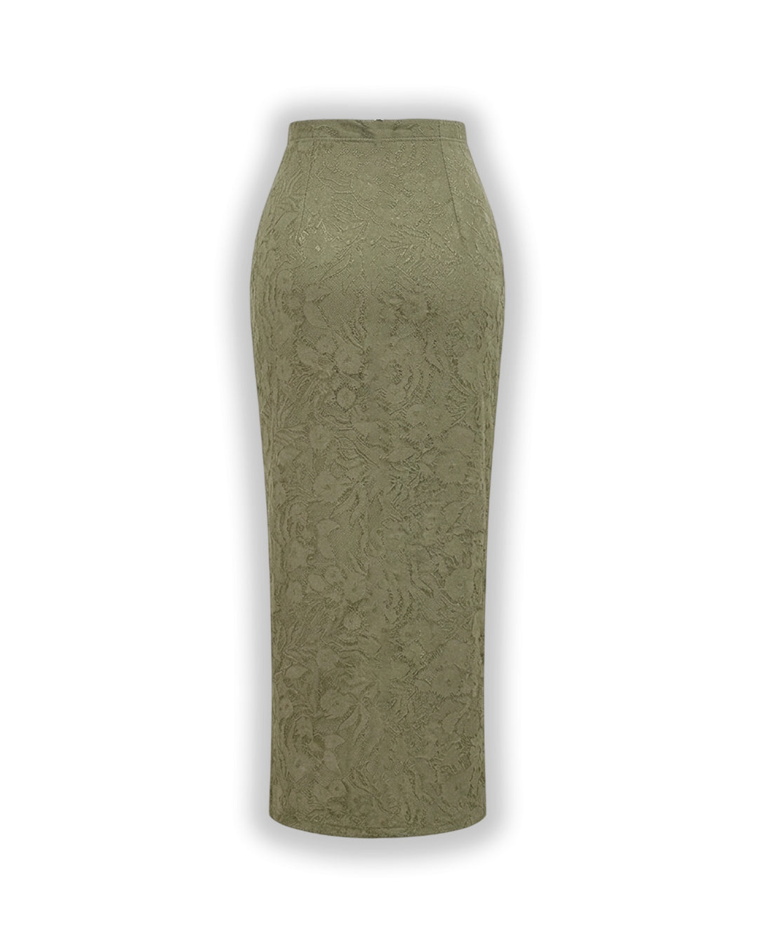 Ruched Side Slit Jacquard Midi Skirt in Olive Green