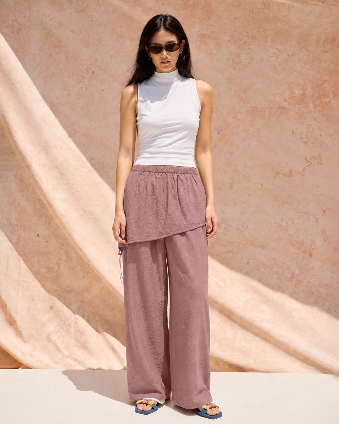 Textured Drawstring Wide Leg Pants in Dusty Pink