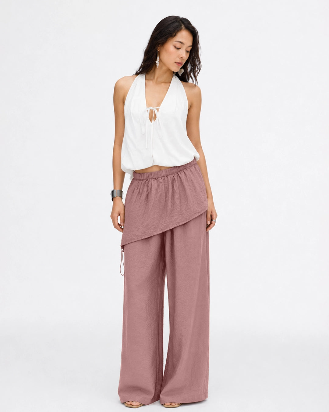 Textured Drawstring Wide Leg Pants in Dusty Pink