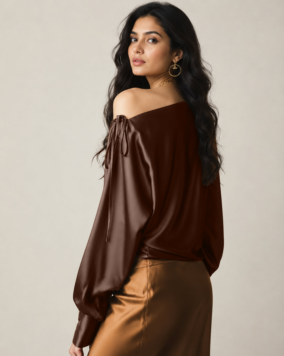 One Shoulder Draped Satin Top in Chocolate Brown