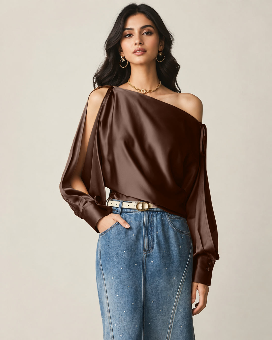 One Shoulder Draped Satin Top in Chocolate Brown