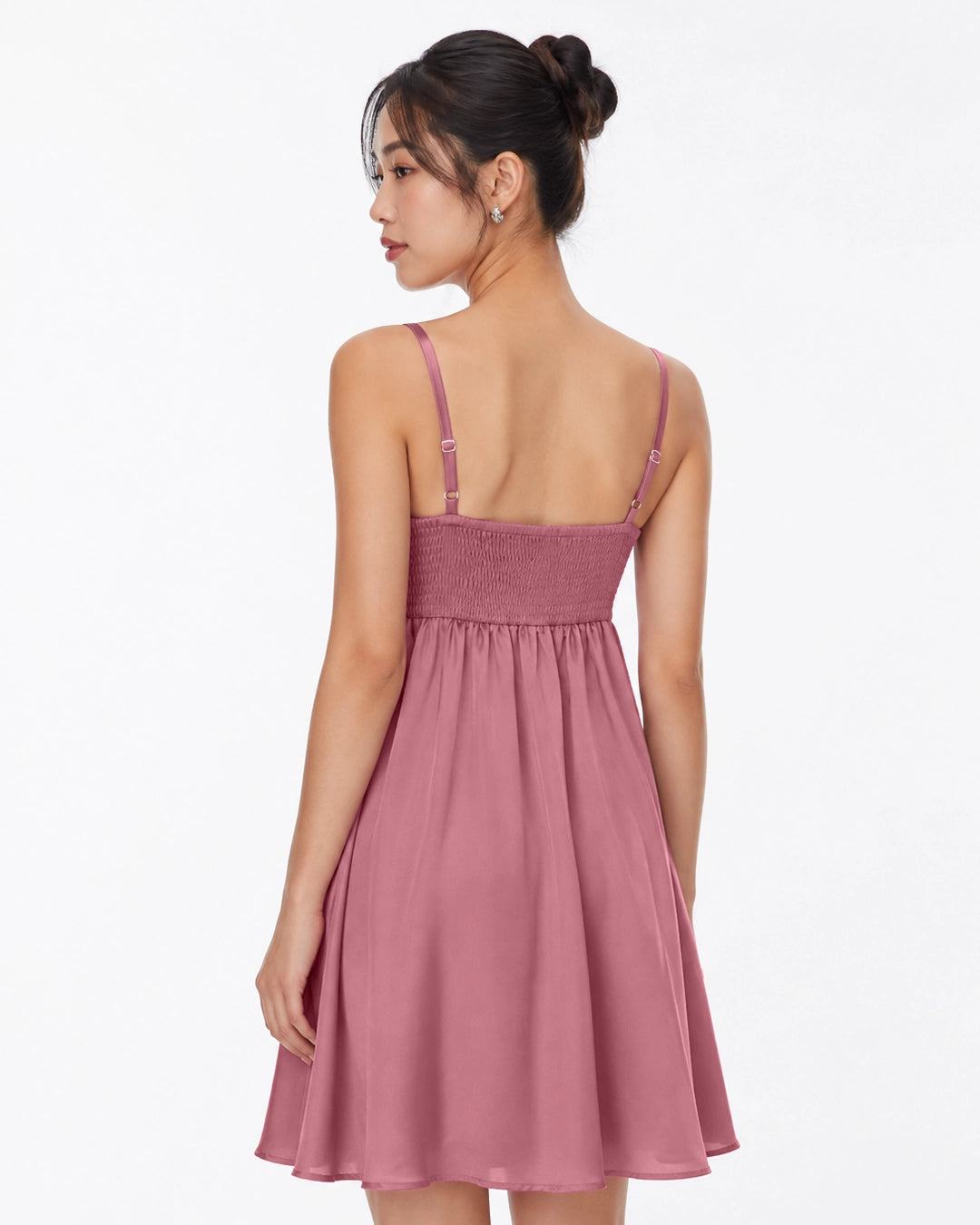 Ruched Bust Spaghetti Strap Mini Dress in Dusty Pink