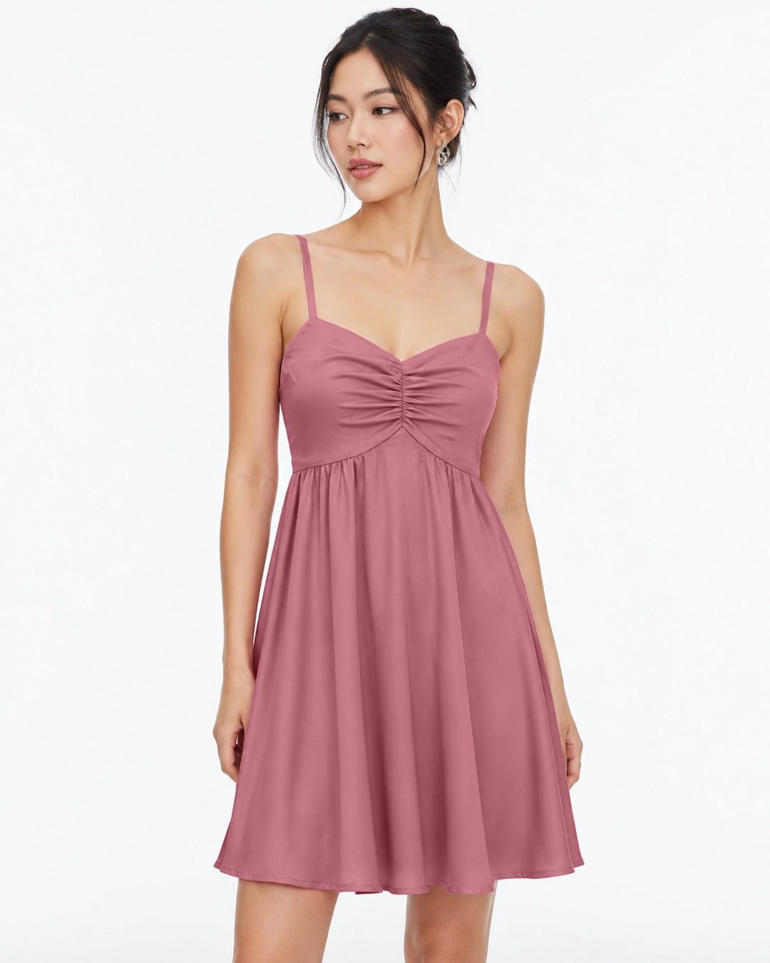 Ruched Bust Spaghetti Strap Mini Dress in Dusty Pink