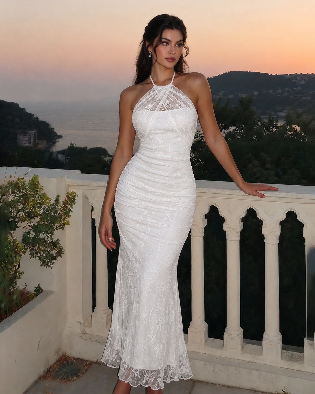 Halter Neck Ruched Mermaid Maxi Dress in Classic White