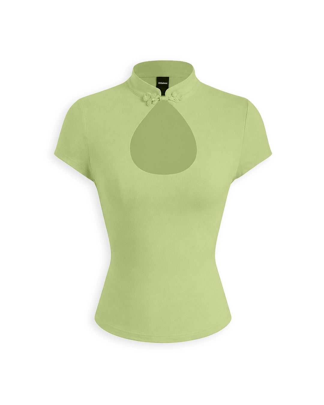Mandarin Collar Keyhole Fitted Short Sleeve Top in Herbal Green