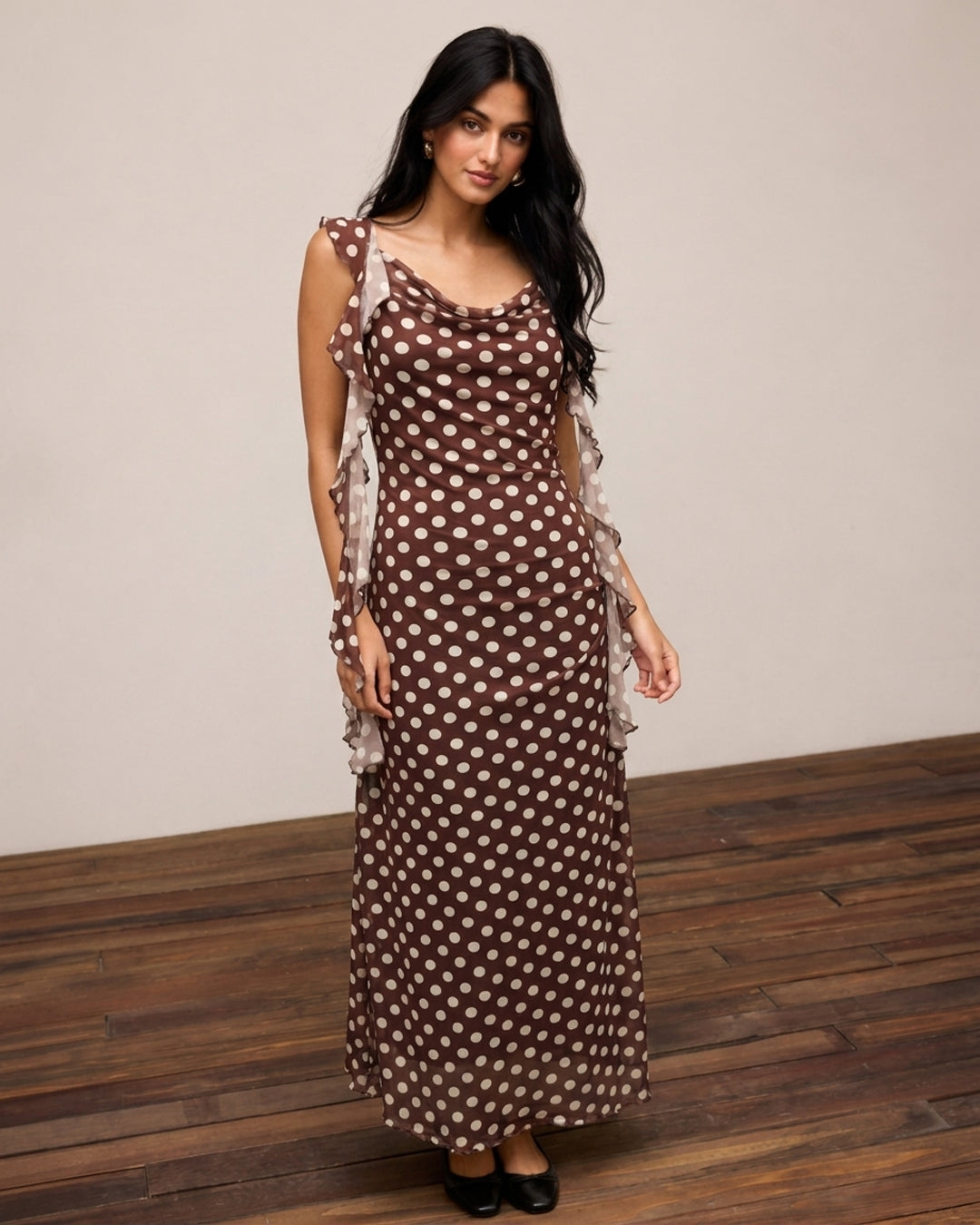 Polka Dot Cowl Neck Ruffle Strap Maxi Dress in Chocolate Brown