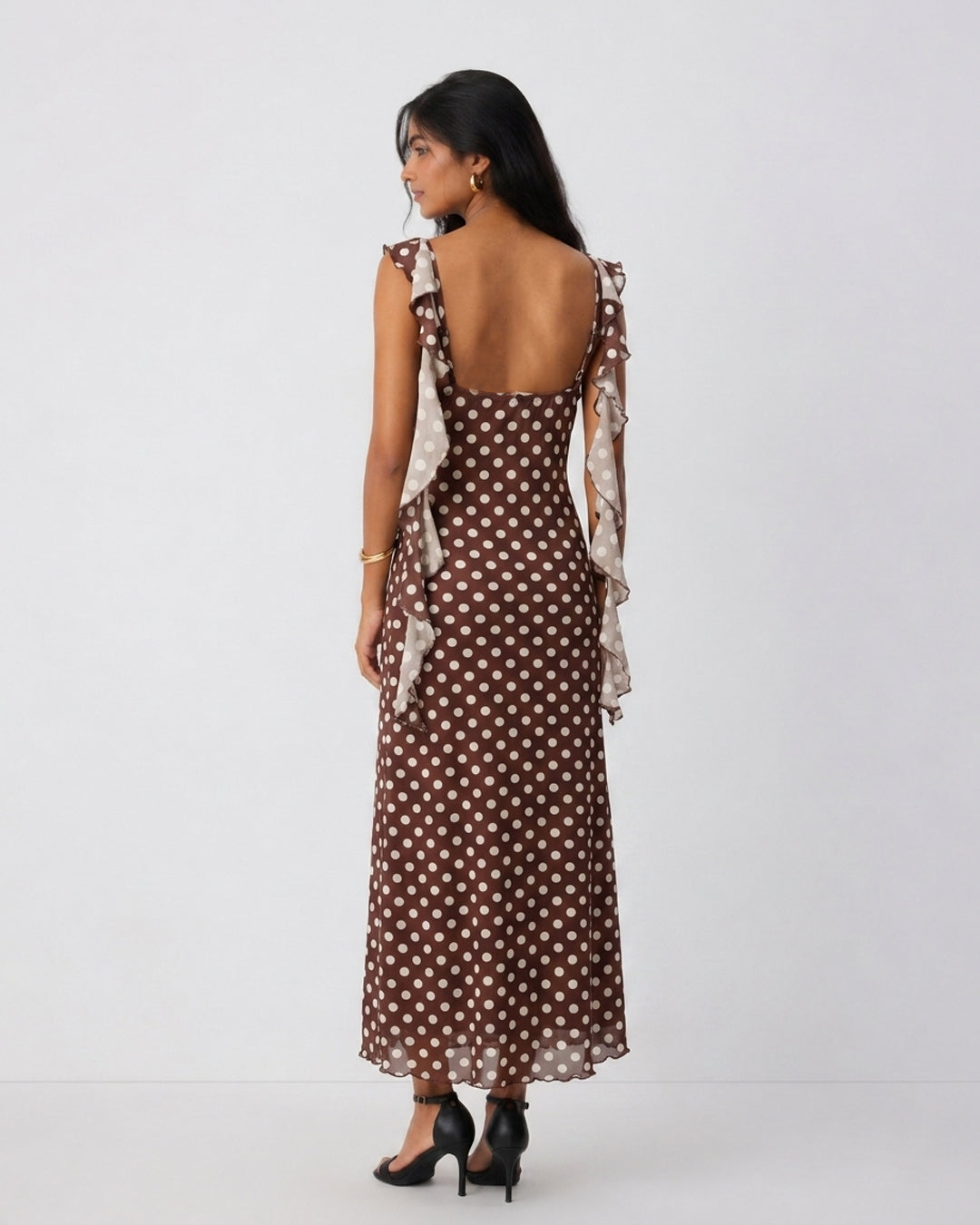 Polka Dot Cowl Neck Ruffle Strap Maxi Dress in Chocolate Brown