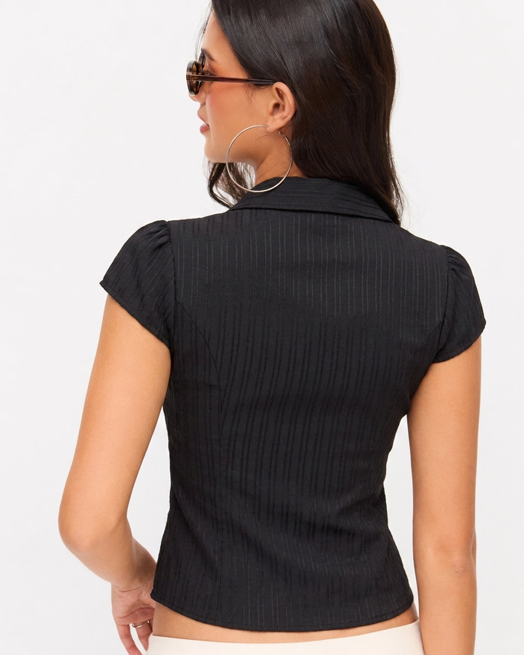 Ruched Waist Collared Button Front Shirt in Soft Black