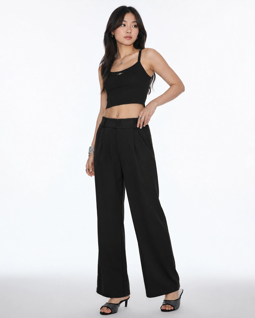 High Rise Front Pleat Wide Leg Trousers in Classic Black