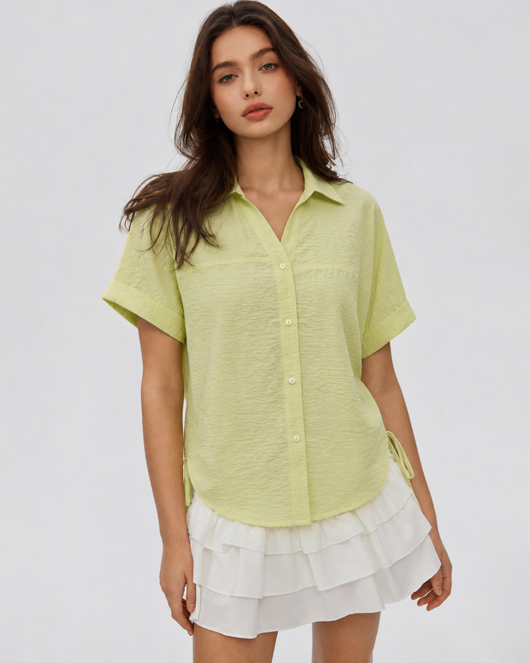 Ruched Side Tie Button Front Collared Shirt in Herbal Green