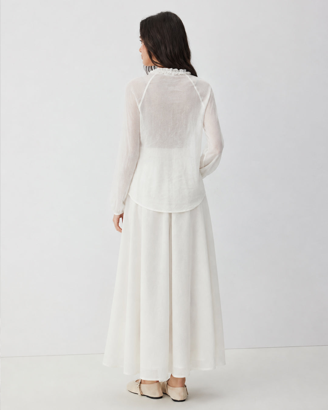 Ruffle Trim Button Front Full Sleeve Top and Maxi Skirt Co-ord Set in Jet White