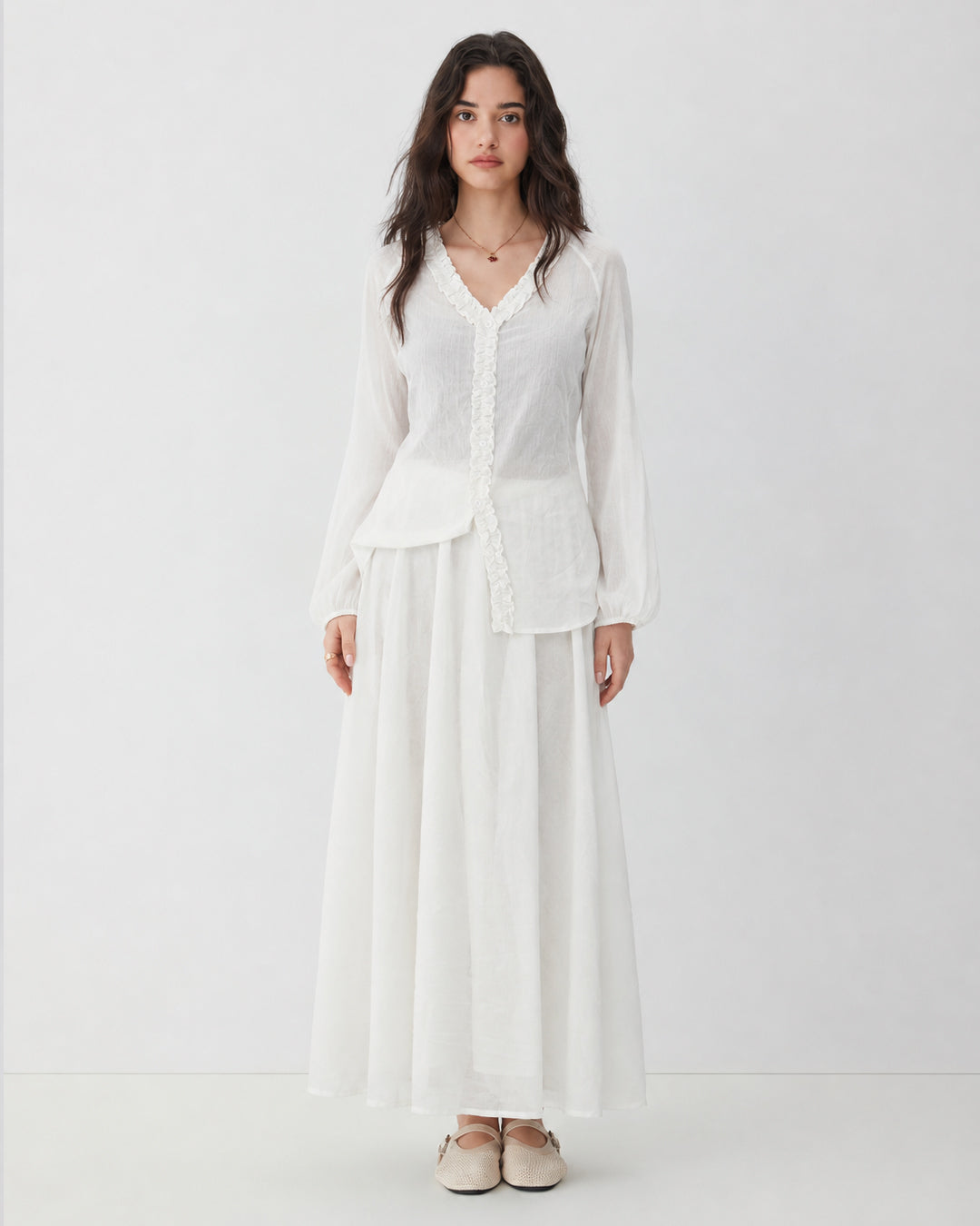 Ruffle Trim Button Front Full Sleeve Top and Maxi Skirt Co-ord Set in Jet White
