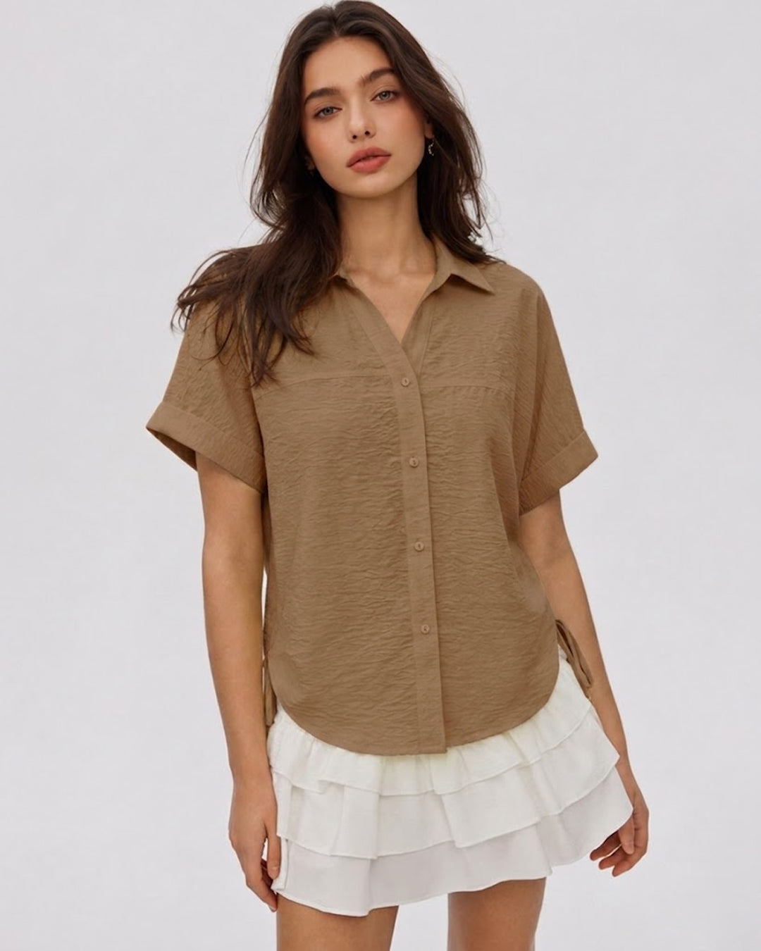 Ruched Side Tie Button Front Collared Shirt in Mocha Brown
