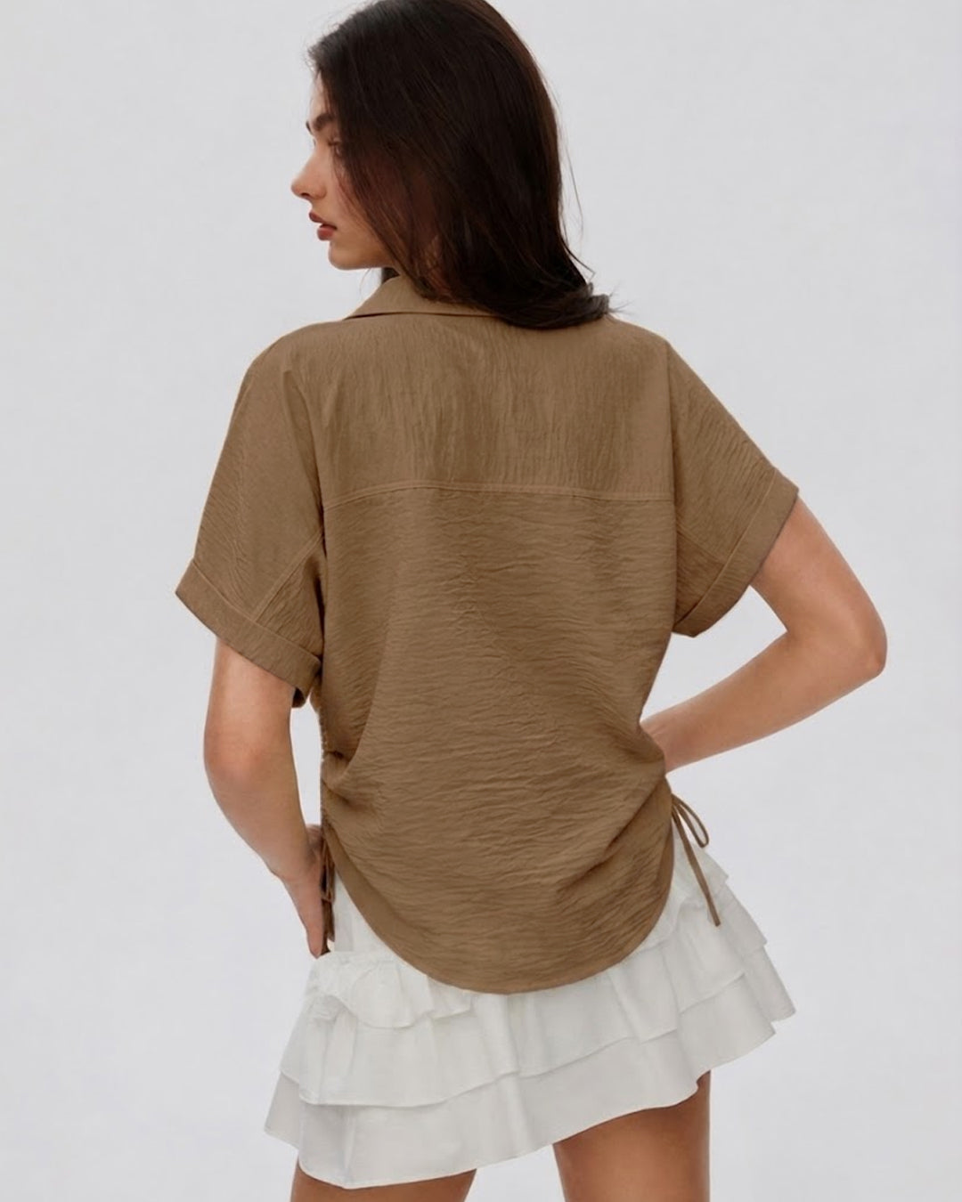 Ruched Side Tie Button Front Collared Shirt in Mocha Brown