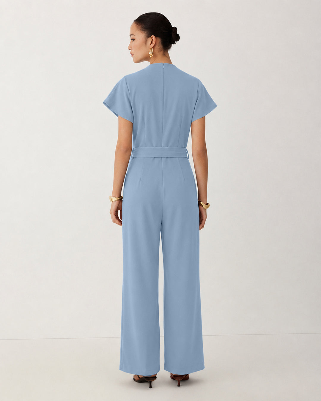 Mock Neck Wide Leg Belted Jumpsuit in Baby Blue
