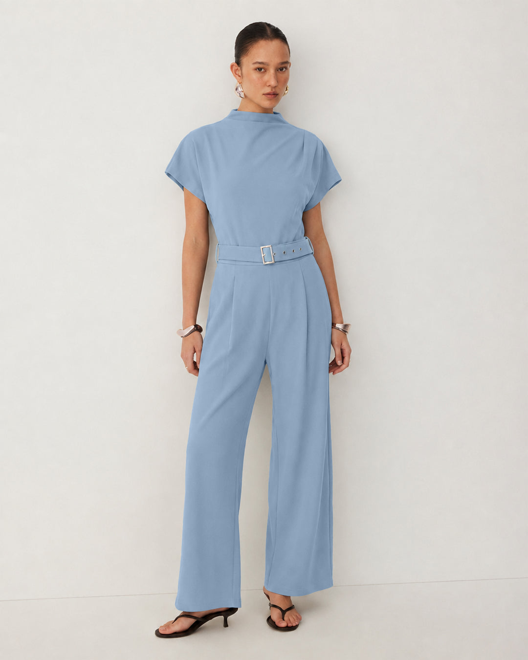 Mock Neck Wide Leg Belted Jumpsuit in Baby Blue