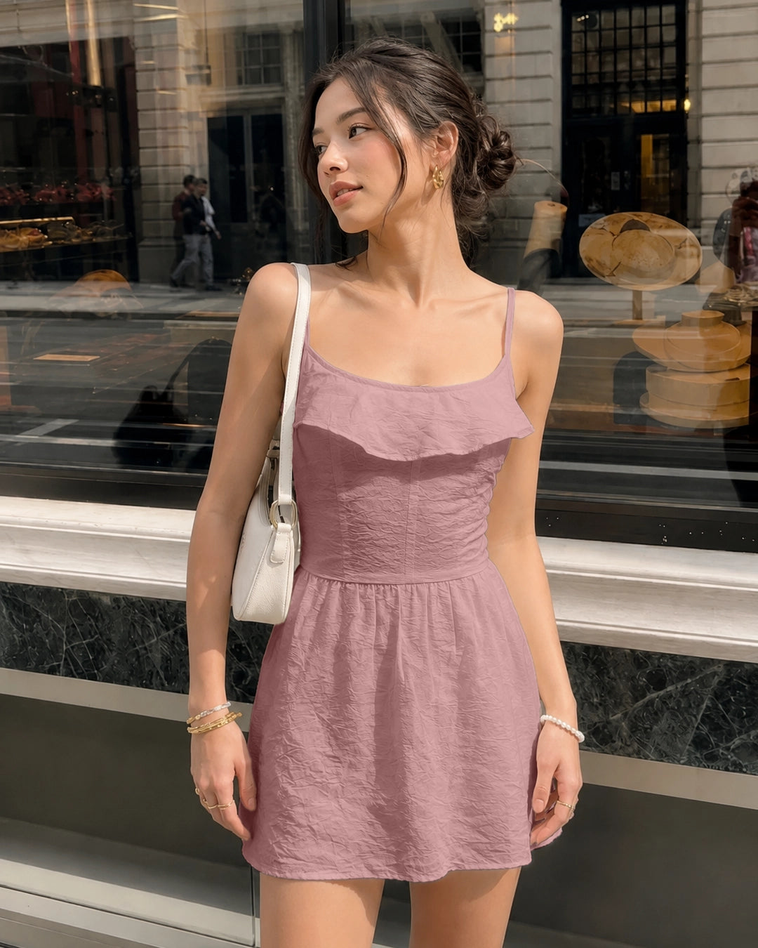 Ruffle Trim Square Neck Mini Dress in Dusty Pink