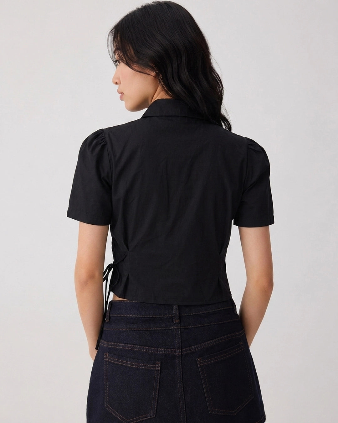 Ruched Side Tie Collared Button Front Top in Soft Black