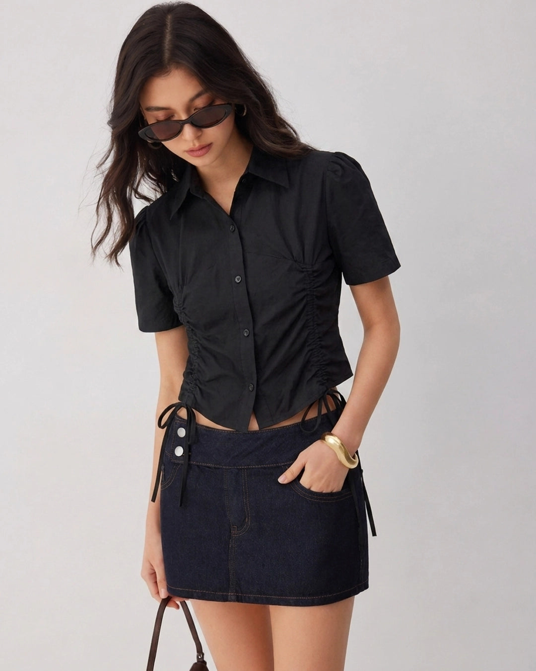 Ruched Side Tie Collared Button Front Top in Soft Black