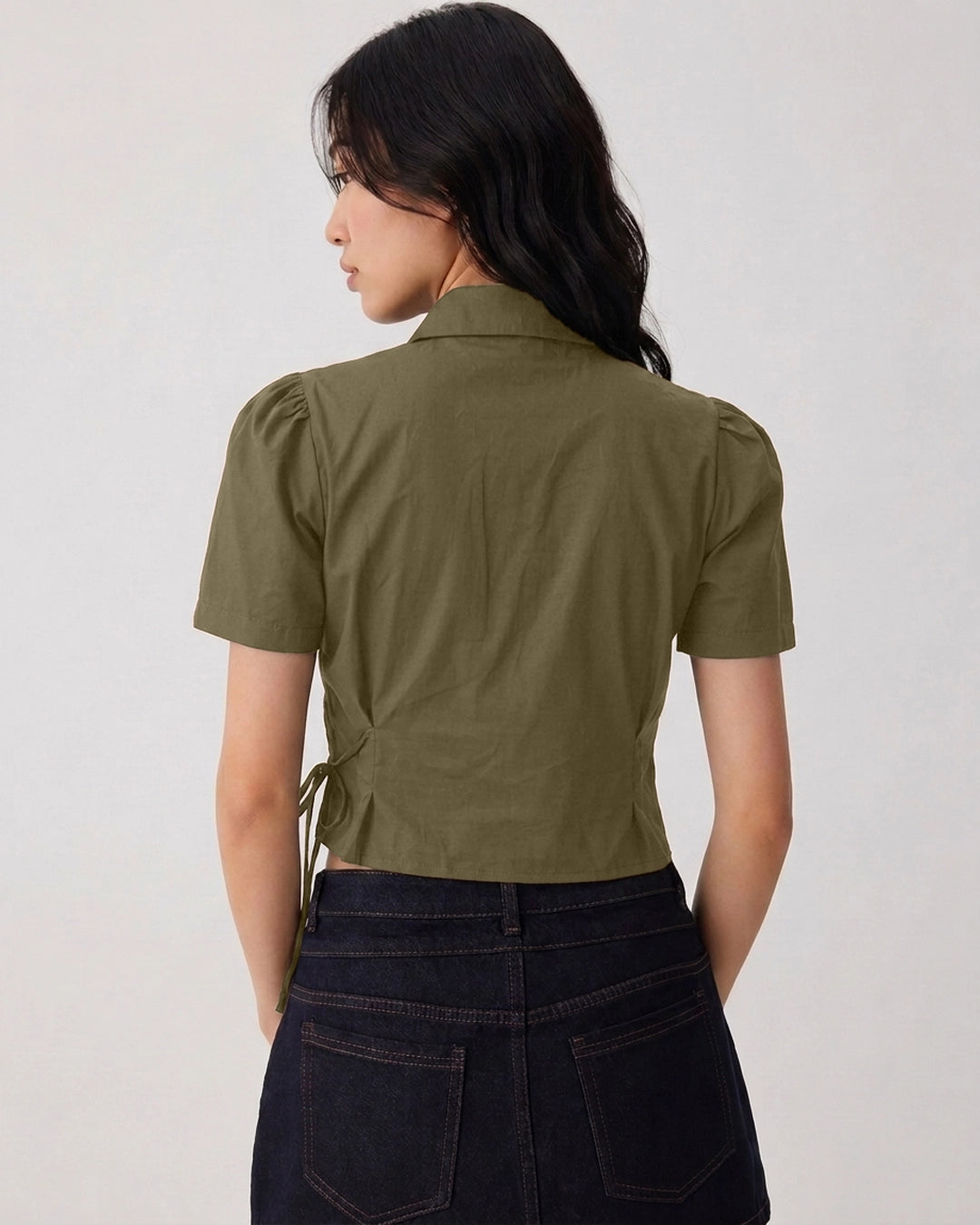 Ruched Side Tie Collared Button Front Top in Green
