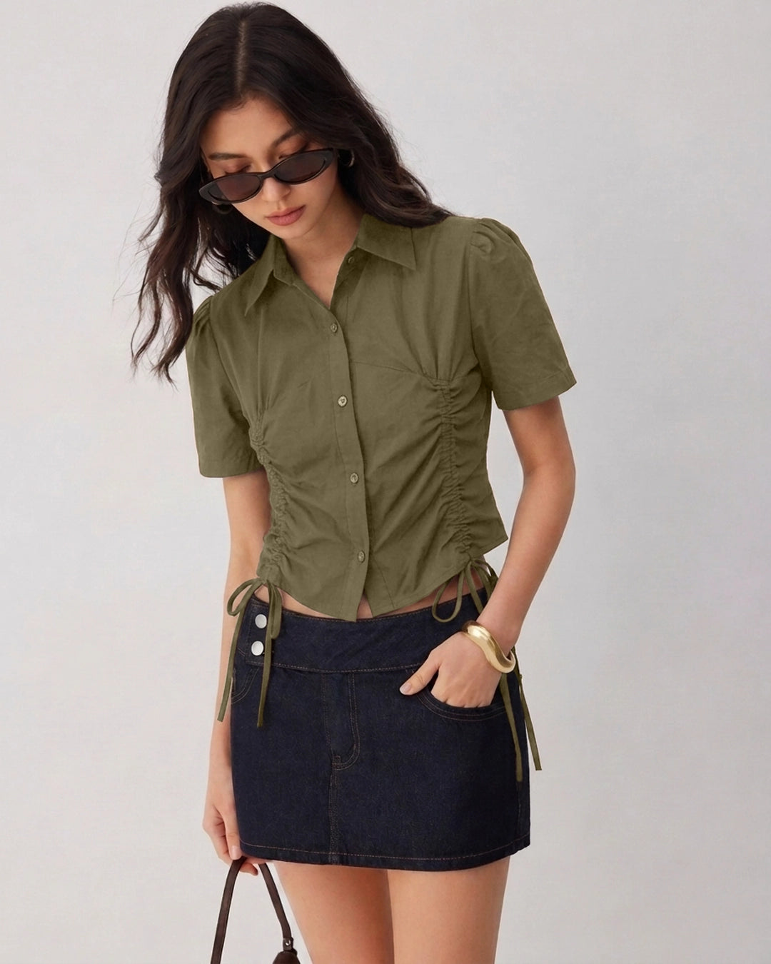 Ruched Side Tie Collared Button Front Top in Green