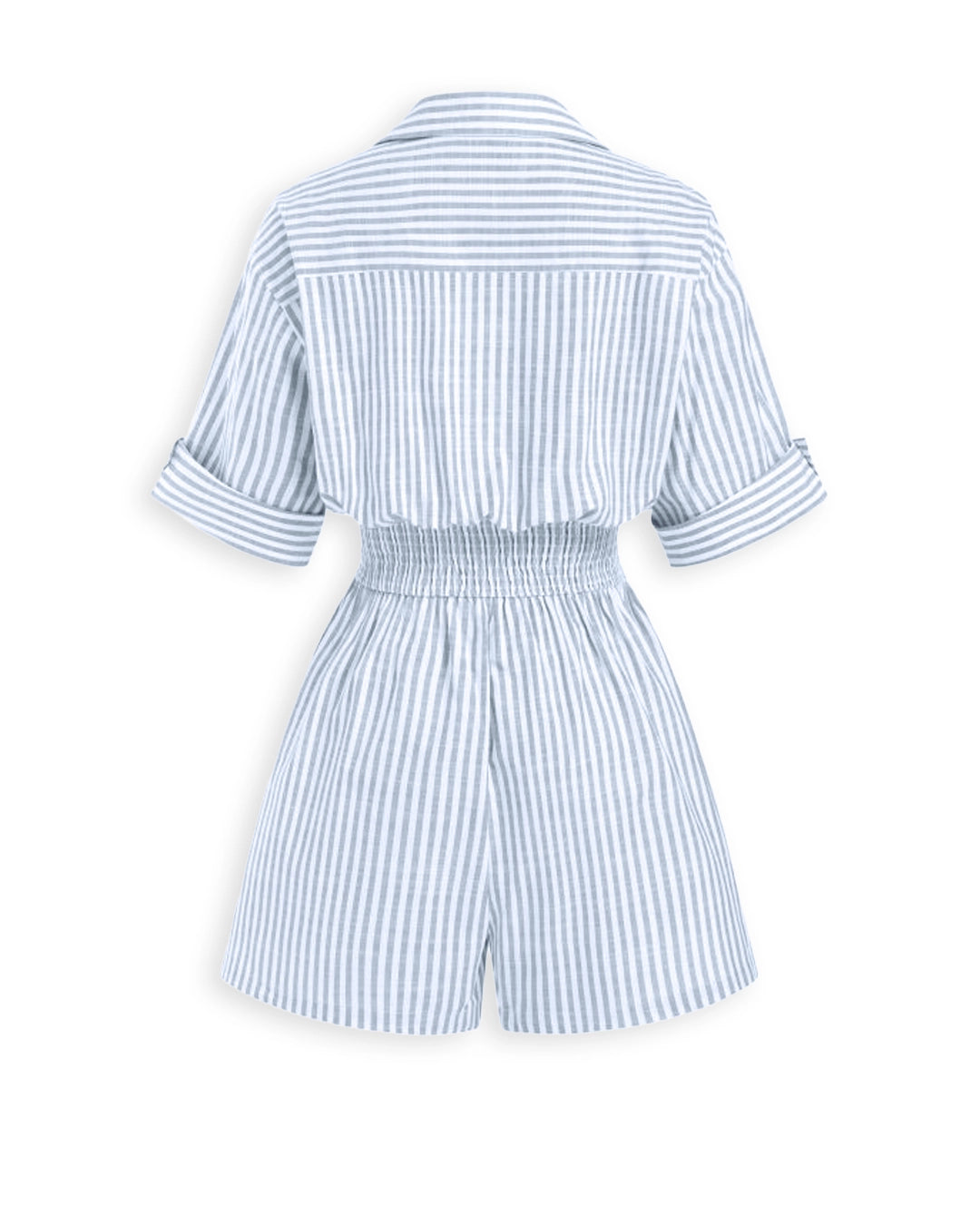 Striped Collared Button Front Smocked Waist Romper in Baby Blue