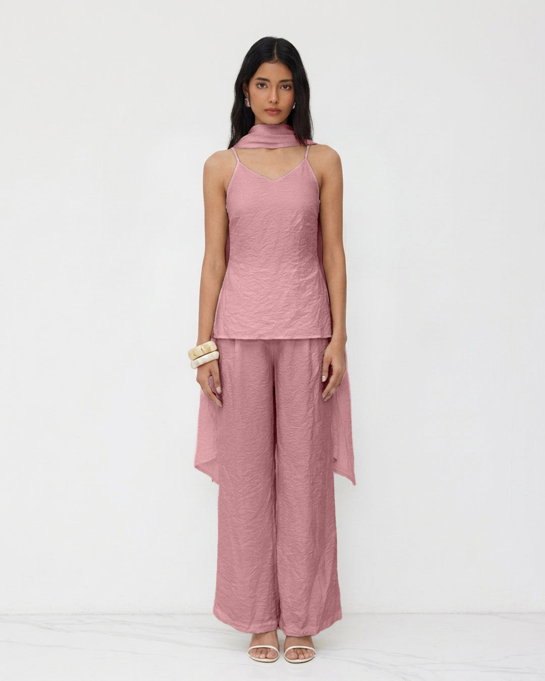 Textured V-Neck Top and Wide Leg Pants with Scarf Co-ord Set in Pink