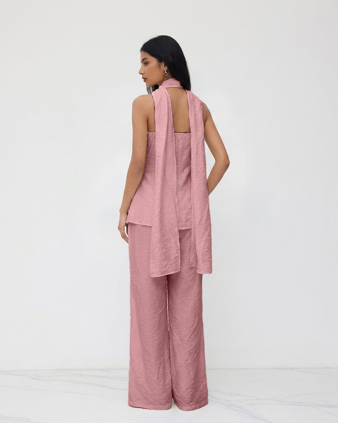 Textured V-Neck Top and Wide Leg Pants with Scarf Co-ord Set in Pink