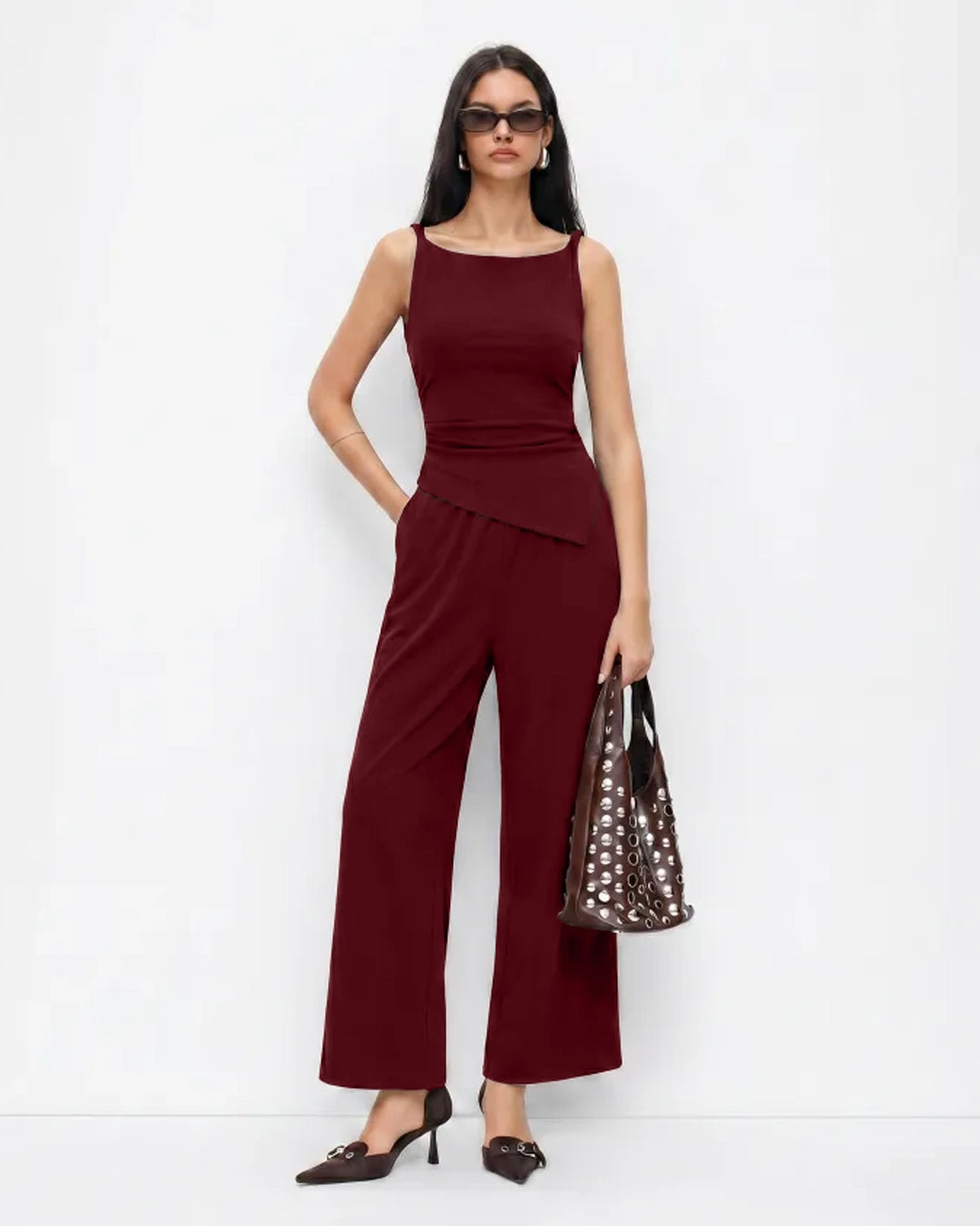 Ruched Waist Asymmetric Wide Leg Jumpsuit in Merlot