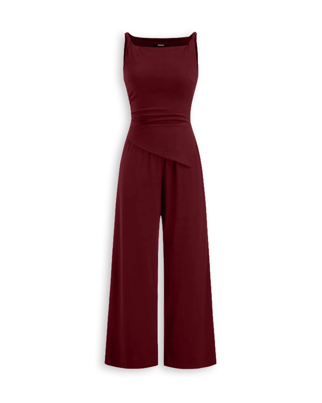Ruched Waist Asymmetric Wide Leg Jumpsuit in Merlot