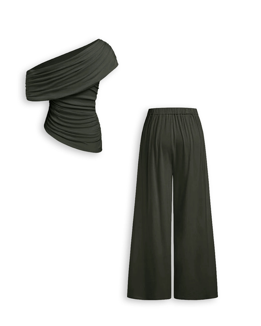 Asymmetrical Neck Ruched Top and Mid Rise Wide Leg Trousers Set in Dark Grey