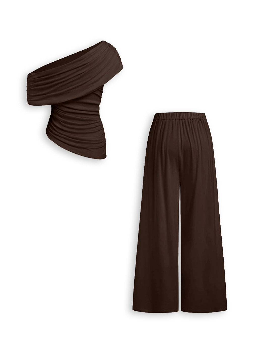 Asymmetrical Neck Ruched Top and Mid Rise Wide Leg Trousers Set in Chocolate Brown