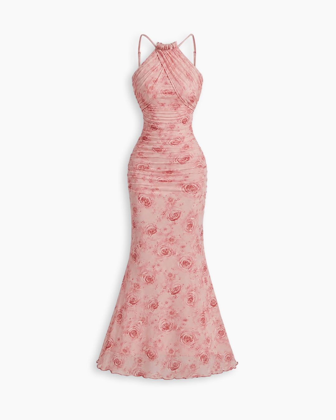 Halter Neck Fish Tail Hem Long Floral Dress in Baby Pink