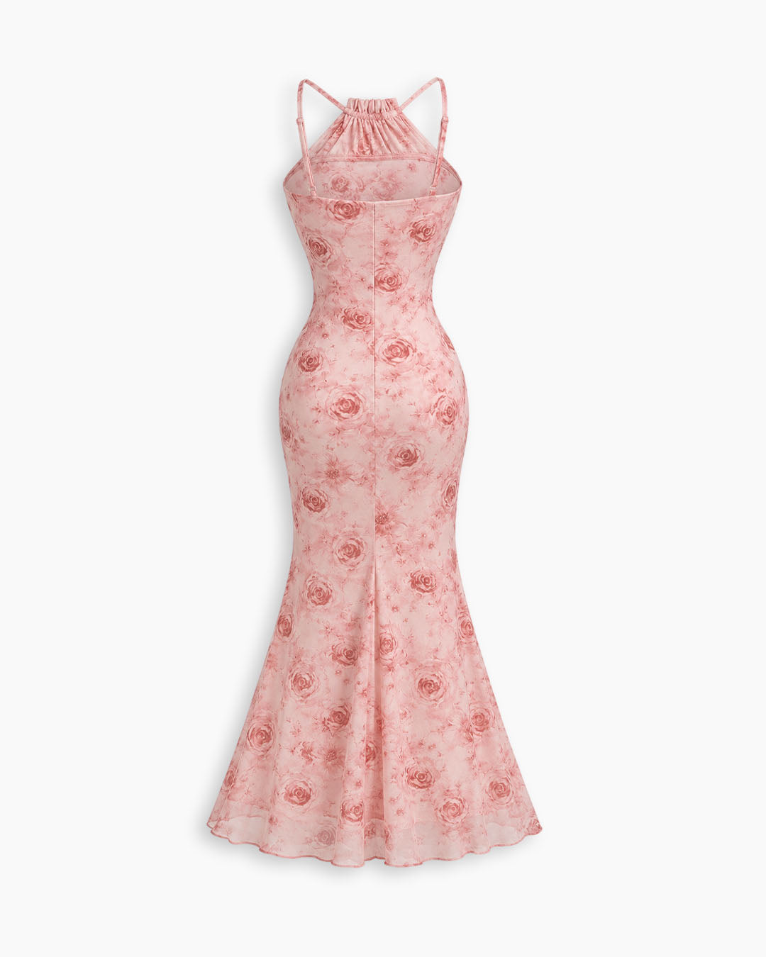 Halter Neck Fish Tail Hem Long Floral Dress in Baby Pink