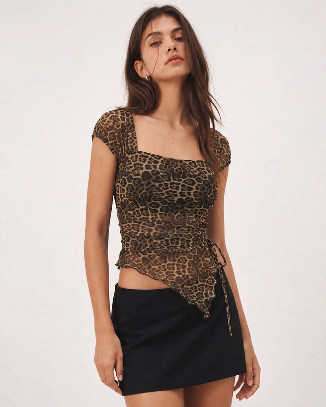 Tie Front Asymmetrical Hem Sleeveless Printed Top in Cocoa Brown