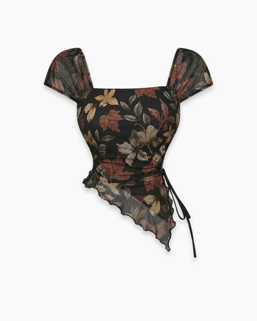 Tie Front Asymmetrical Hem Sleeveless Printed Top in Classic Black
