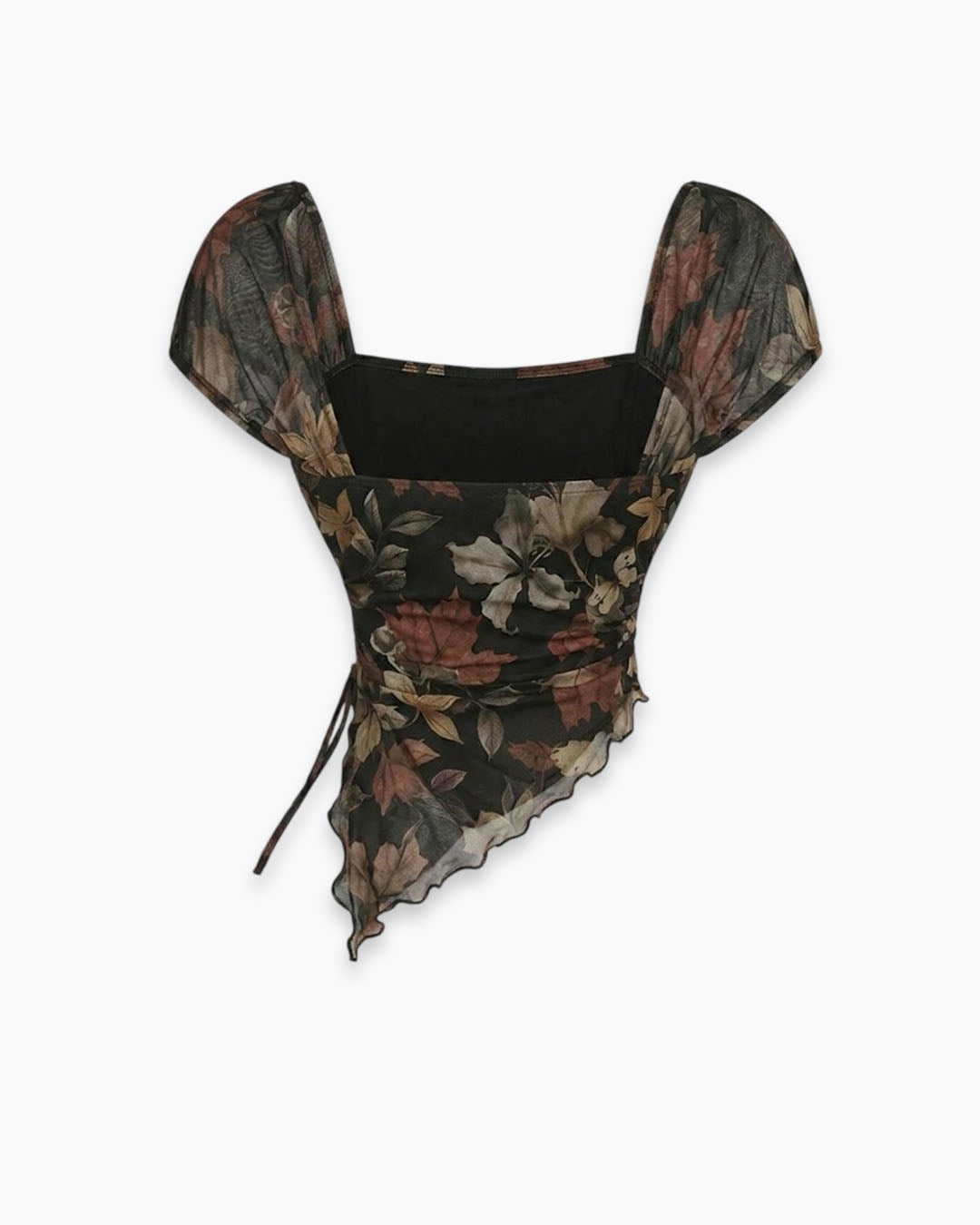 Tie Front Asymmetrical Hem Sleeveless Printed Top in Classic Black