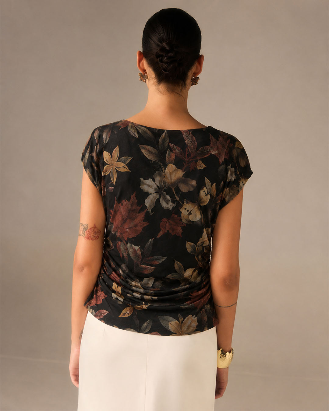 Asymmetric Neck Curved Hem Half Sleeve Printed Top in Soft Black