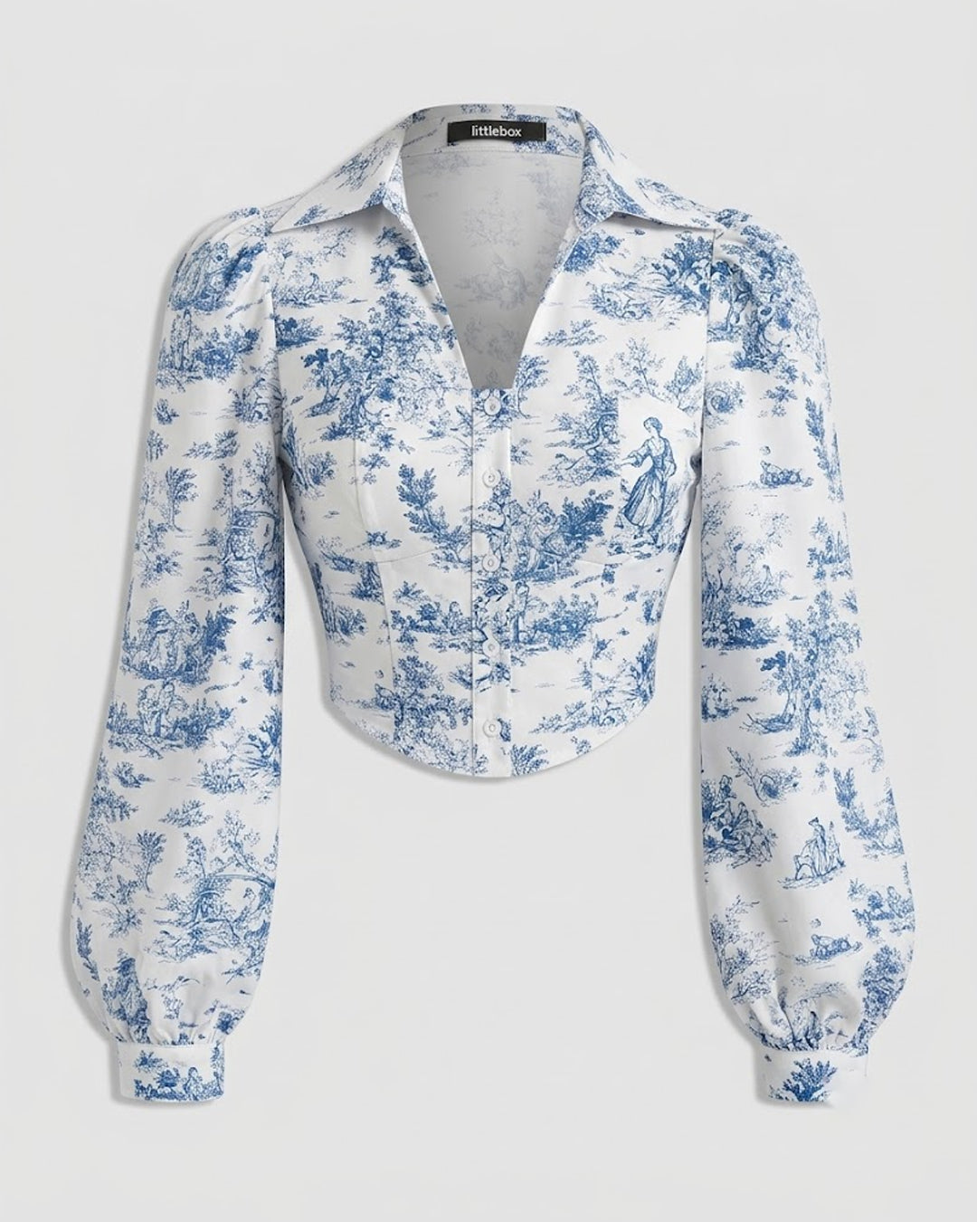 Puff Sleeve Collared Button Down Floral Top in Classic White