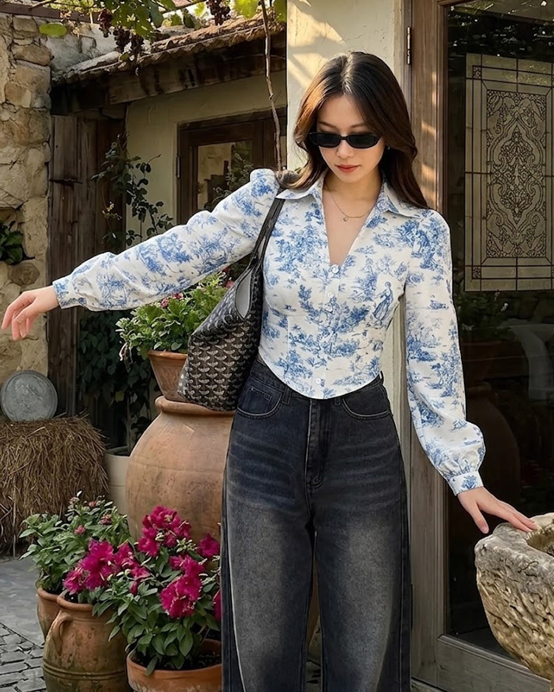 Puff Sleeve Collared Button Down Floral Top in Classic White