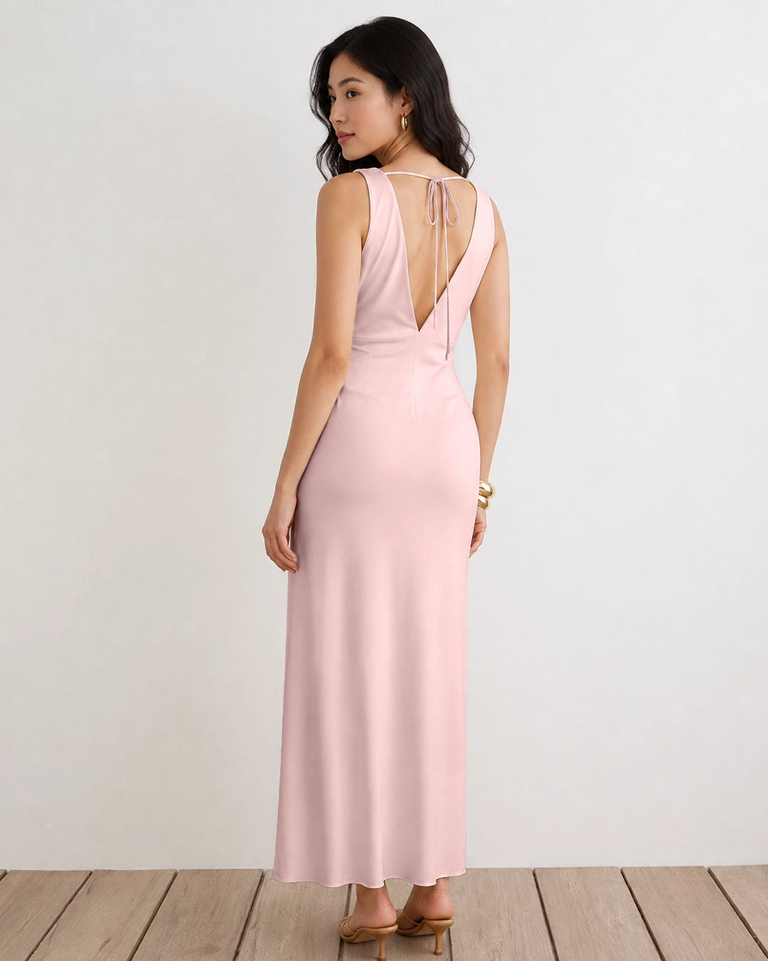 Fitted V Neck Long Dress in Pink