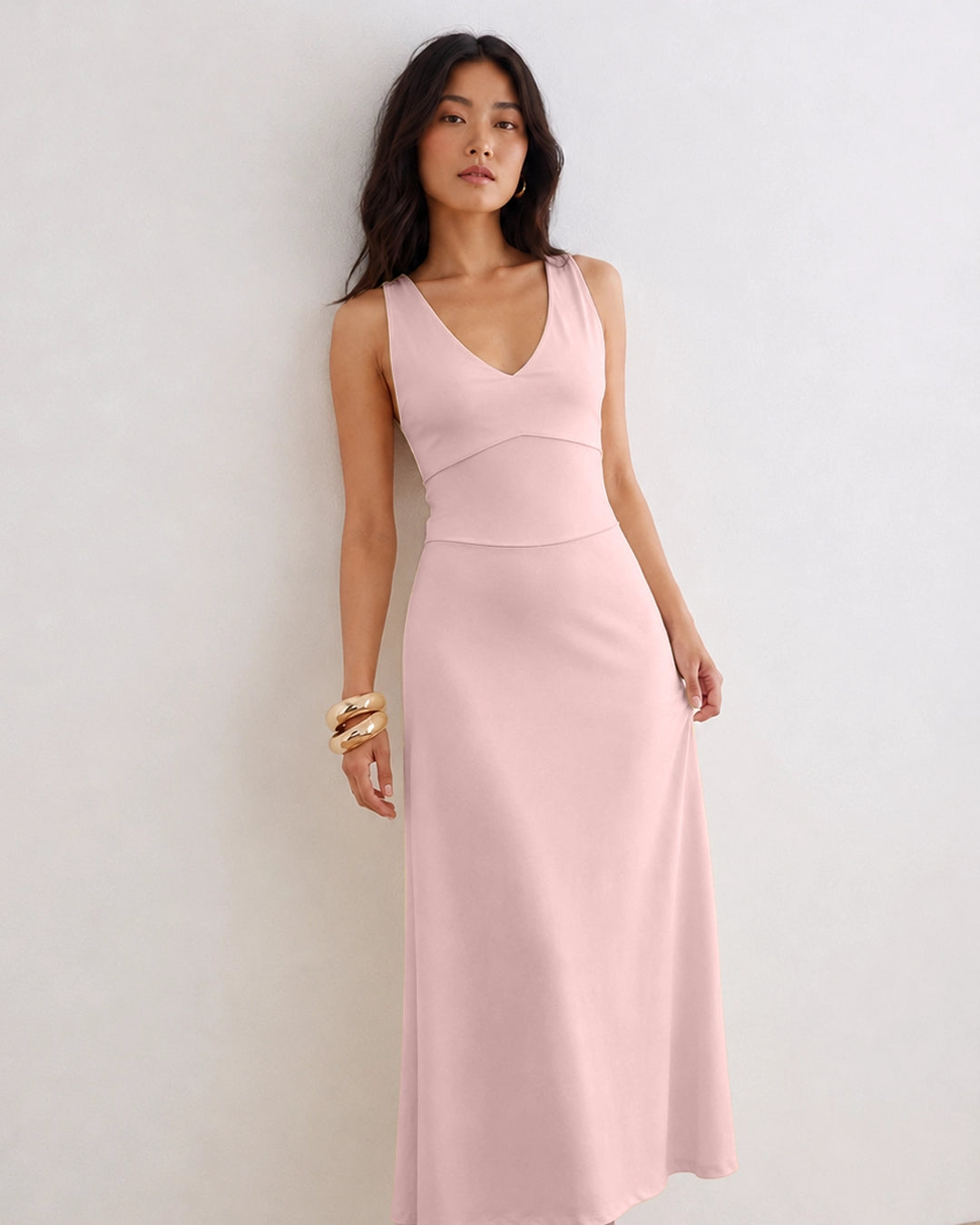 Fitted V Neck Long Dress in Pink