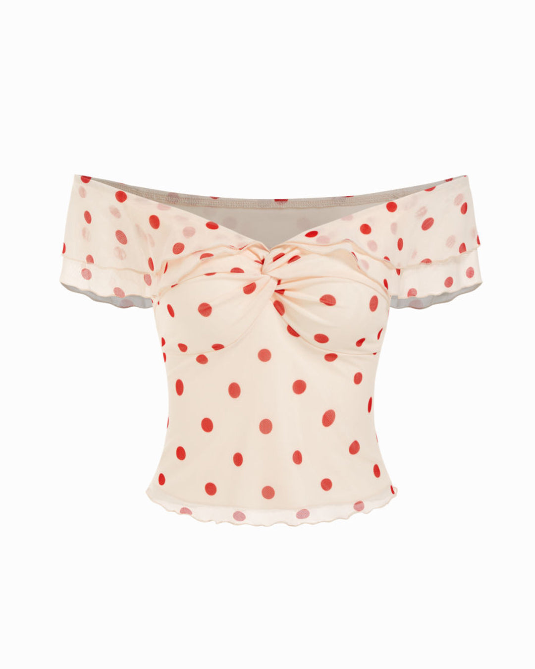 Polka Dot Off Shoulder Ruched Bow Top in Ivory