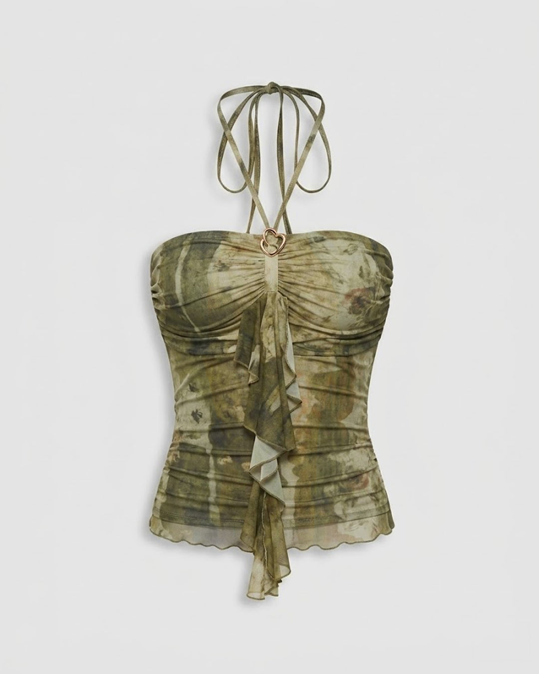Ruffle Trim and Halter Tie Printed Top in Olive Green