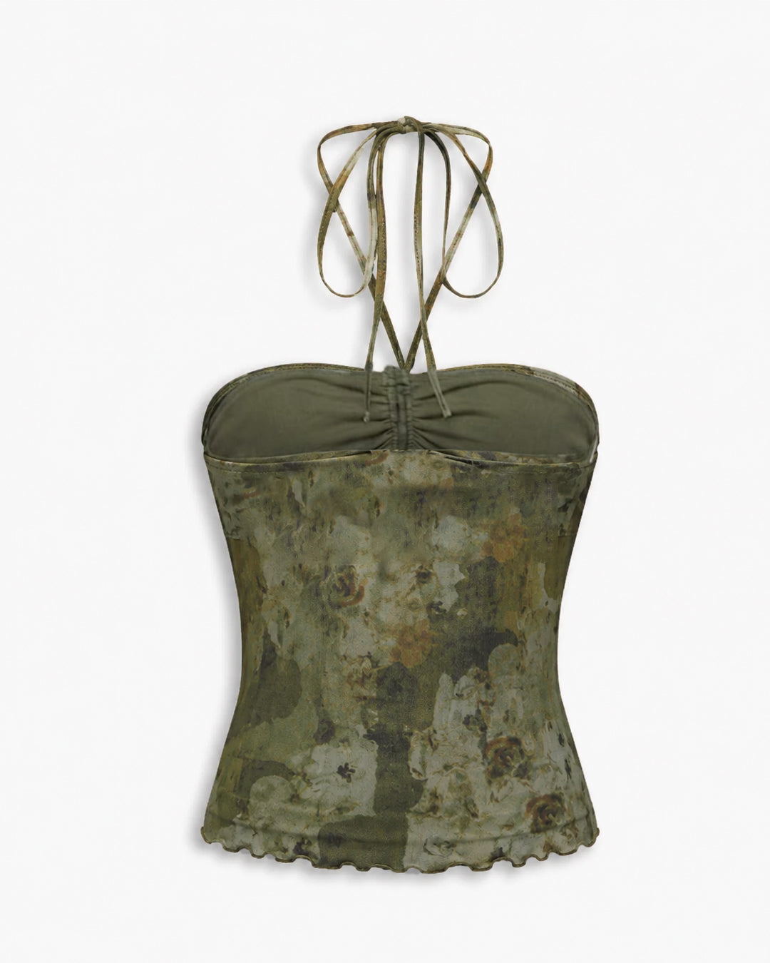 Ruffle Trim and Halter Tie Printed Top in Olive Green